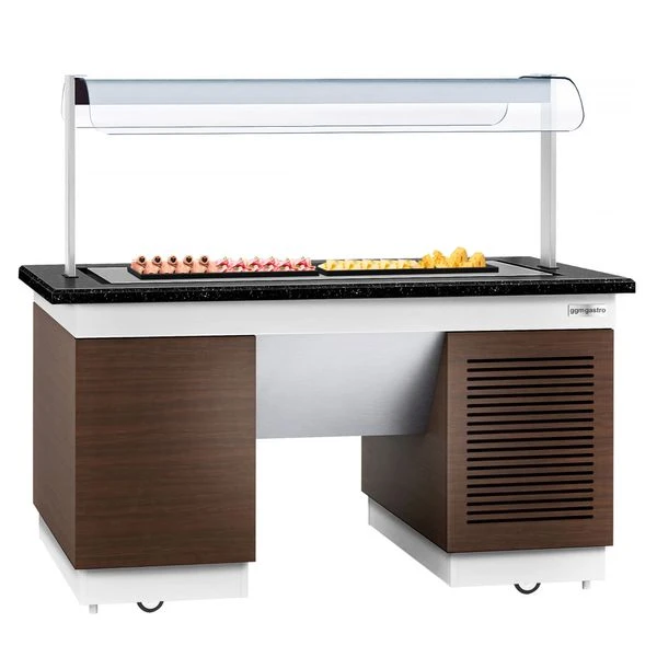 Buffettheke Kalt - Mit Kühlplatte & Rollen - 1600mm - Mit LED-Beleuchtung - Granit - Holzoptik 3 Buffettheke Kalt - Mit Kühlplatte & Rollen - 1600mm - Mit LED-Beleuchtung - Granit - Holzoptik