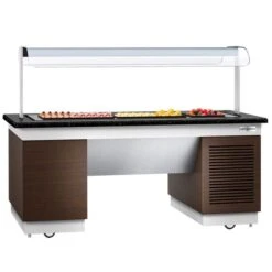 Buffettheke Kalt - Mit Kühlplatte & Rollen - 2000mm - Mit LED-Beleuchtung - Granit - Holzoptik