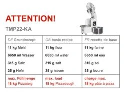 Teigknetmaschine - 22 Liter / 18 Kg - 2 Geschwindigkeiten -Kessel Abnehmbar Und Rührwerk Aufklappbar -Beste Küchengeräte Geschäfte tmp22 ka 4334