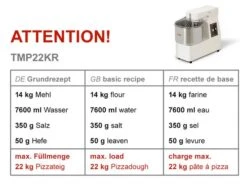 Teigknetmaschine - 22 Liter / 18 Kg - 1 Geschwindigkeit - Kessel Abnehmbar Und Rührwerk Aufklappbar -Beste Küchengeräte Geschäfte tmp22kr 7a5c