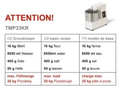 Teigknetmaschine - 33 Liter / 25 Kg - 1 Geschwindigkeit - Kessel Abnehmbar Und Rührwerk Aufklappbar -Beste Küchengeräte Geschäfte tmp33kr e962
